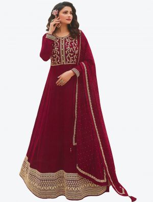 Deep Maroon Embroidered Faux Georgette Party Wear Anarkali Floor Length Suit small FABSL20668
