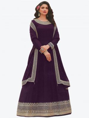 Deep Purple Embroidered Faux Georgette Party Wear Anarkali Floor Length Suit small FABSL20665