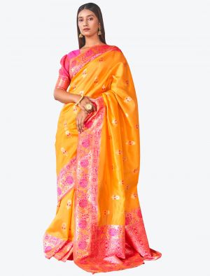 Deep Yellow Woven Jacquard Kanjivaram Art Silk Festive Wear Designer Saree small FABSA21364