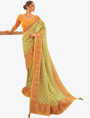 Golden Green Zari Woven Digital Printed Patola Silk Designer Saree small FABSA21378