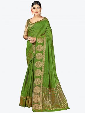 Green Woven Cotton Silk Festive Wear Designer Saree small FABSA21343