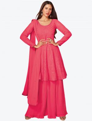 Hot Pink Embroidered Georgette Party Wear Plazzo Suit with Dupatta small FABSL20657