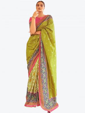 Mehendi Green Zari Woven Digital Printed Patola Silk Designer Saree small FABSA21382