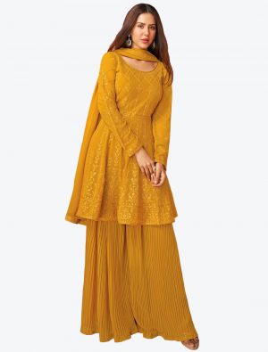 Mustard Yellow Embroidered Georgette Party Wear Plazzo Suit with Dupatta small FABSL20659