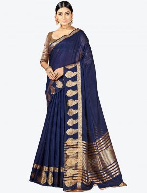 Navy Blue Woven Cotton Silk Festive Wear Designer Saree small FABSA21341