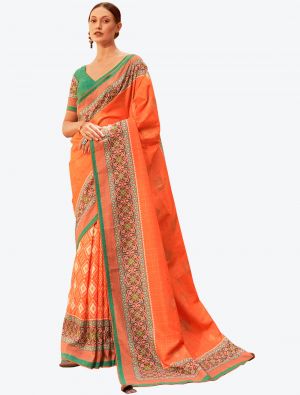 Neon Orange Zari Woven Digital Printed Patola Silk Designer Saree small FABSA21381