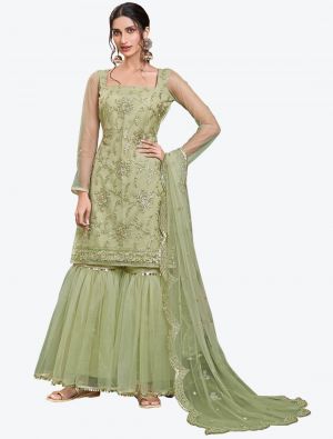 Pastel Green Butterfly Net Party Wear Designer Sharara Suit with Dupatta small FABSL20650