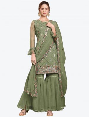 Pista Green Butterfly Net Party Wear Designer Sharara Suit with Dupatta small FABSL20646