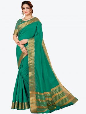 Rama Green Spun Cotton Festive Wear Designer Saree small FABSA21398