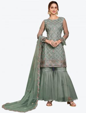 Shimmery Grey Butterfly Net Party Wear Designer Sharara Suit with Dupatta small FABSL20643