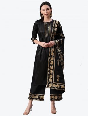 Shiny Black Poly Silk Party Wear Readymade Plazzo Suit with Dupatta FABSL20675