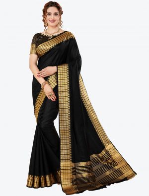 Shiny Black Spun Cotton Festive Wear Designer Saree small FABSA21400