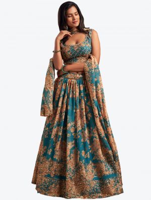Teal Blue Organza Party Wear Designer Lehenga Choli with Dupatta small FABLE20191