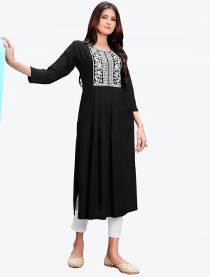 black fine rayon embroidered casual wear long kurti fabku20508