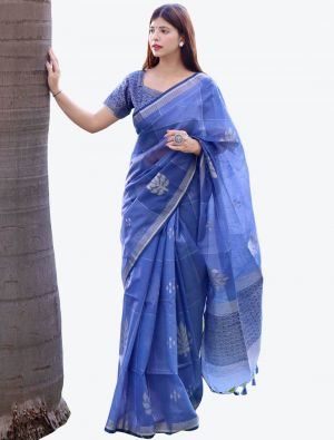 Blue Zari Woven Linen Silk Festive Wear Designer Saree FABSA21417