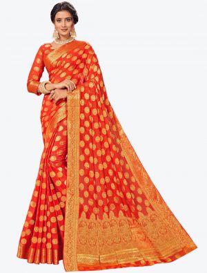 Bright Orange Zari Woven Chiffon Festive Wear Designer Saree small FABSA21413