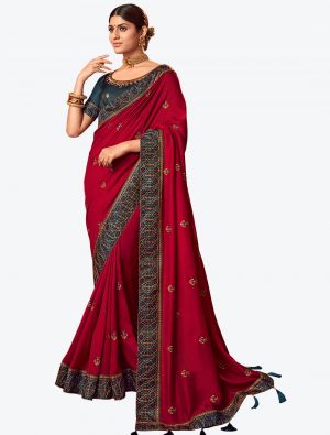 Cherry Red Embroidered Vichitra Silk Party Wear Designer Saree FABSA21428