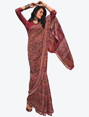 Deep Red Block Print Fine Cotton Casual Wear Designer Saree FABSA21469