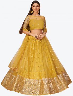Golden Yellow Mono Net Heavy Designer Lehenga Choli with Dupatta FABLE20228