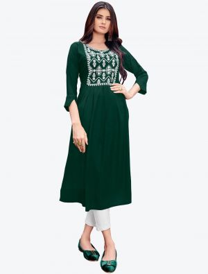 green fine rayon embroidered casual wear long kurti fabku20510