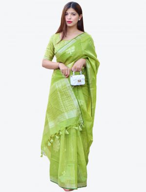 Green Zari Woven Linen Silk Festive Wear Designer Saree small FABSA21419