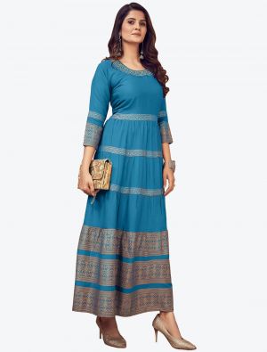 light blue fine rayon party wear designer readymade gown   fabgo20117