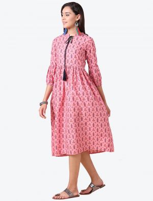light pink poly cotton printed casual wear frock fabku20527