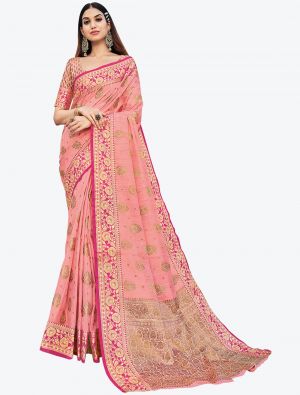 Light Pink Zari Woven Handloom Cotton Party Wear Designer Saree small FABSA21474
