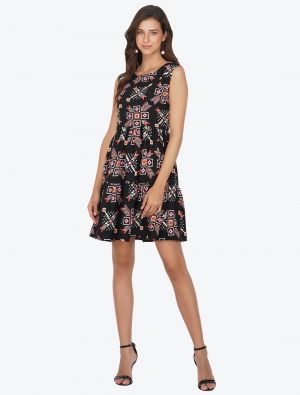 multicolored black polyester printed casual wear frock fabku20504