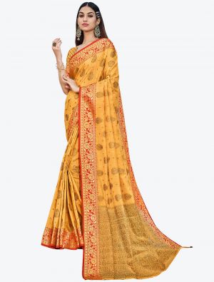 Orange Yellow Zari Woven Handloom Cotton Party Wear Designer Saree small FABSA21476