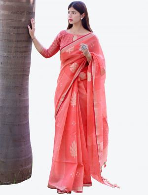 Peach Zari Woven Linen Silk Festive Wear Designer Saree small FABSA21415
