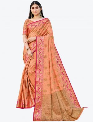 Persimmon Peach Zari Woven Handloom Cotton Party Wear Designer Saree small FABSA21478