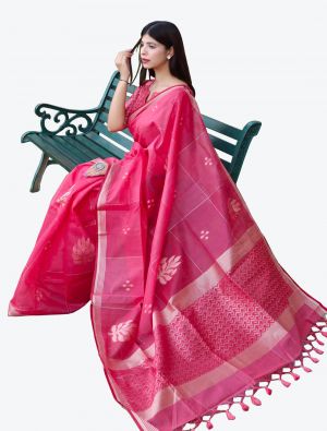 Pink Zari Woven Linen Silk Festive Wear Designer Saree small FABSA21418