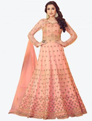 pinkish peach super net party wear designer gown with dupatta small fabgo20111