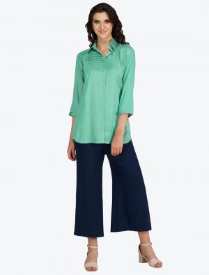 sea green poly viscose solid shirt style top with pant fabku20500