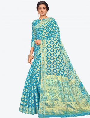 Sky Blue Zari Woven Chiffon Festive Wear Designer Saree thumbnail FABSA21408