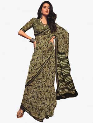 Teal Green Block Print Fine Cotton Casual Wear Designer Saree small FABSA21465