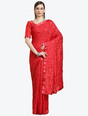 Vibrant Red Fancy Vichitra Silk Party Wear Designer Saree FABSA21484