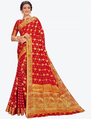 Vibrant Red Zari Woven Chiffon Festive Wear Designer Saree thumbnail FABSA21404
