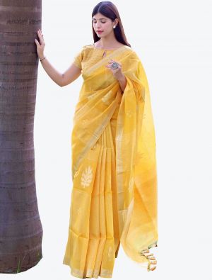 Yellow Zari Woven Linen Silk Festive Wear Designer Saree small FABSA21416