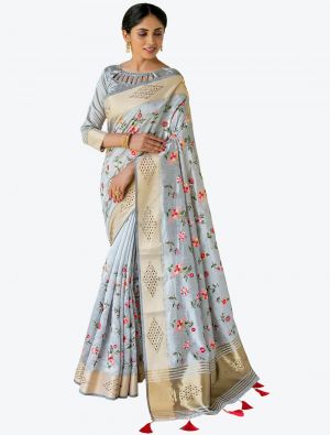 Blue Grey Mysore Silk Festive Wear Designer Saree small FABSA21493
