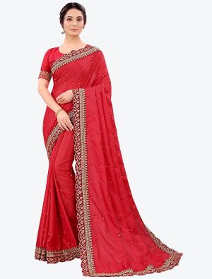 Crimson Red Fancy Vichitra Silk Party Wear Designer Saree FABSA21490