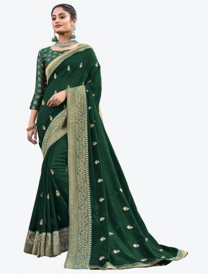 Dark Green Silk Blend Party Wear Designer Saree small FABSA21515