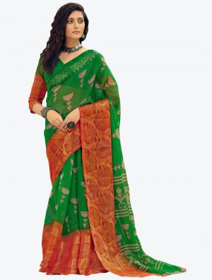 Forest Green Fine Handloom Cotton Festive Wear Designer Saree FABSA21508