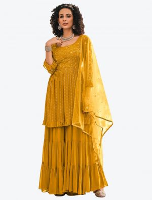 Golden Yellow Viscose Georgette Festive Wear Designer Sharara Suit small FABSL20773