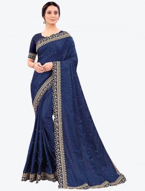 Navy Blue Fancy Vichitra Silk Party Wear Designer Saree small FABSA21487