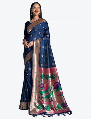 Navy Blue Woven Paithani Banarasi Soft Silk Designer Saree small FABSA21525
