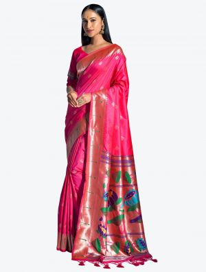 Neon Pink Woven Paithani Banarasi Soft Silk Designer Saree small FABSA21529