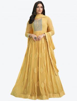 Pastel Yellow Pure Georgette Party Wear Designer Anarkali Suit small FABSL20740