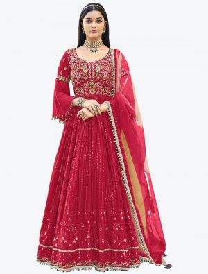 Pinkish Red Faux Georgette Festive Wear Designer Anarkali Suit thumbnail FABSL20758